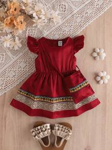 Vestido rojo vino elegante y vintage estilo palacio para niñas bebés con decoración de dobladillo con volantes, incluye bolso a juego, para verano - Burdeos - Ver 2