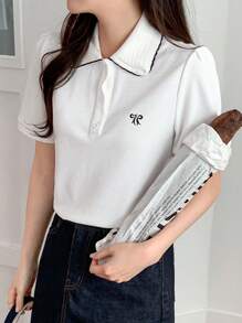 DAZY Women's Contrast Color Embroidery Bowknot Collar Ruffle Short Sleeve T-Shirt - White - View 5