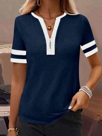 SHEIN LUNE Zipper Half Placket Striped Short Sleeve T-Shirt Graphic Tees Women Tops