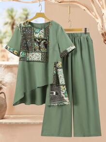 Lacomfia Plus Size Crew Neck Short Sleeve Solid Color Patchwork Stylish Elegant 2 Pieces Set (Top & Pants)