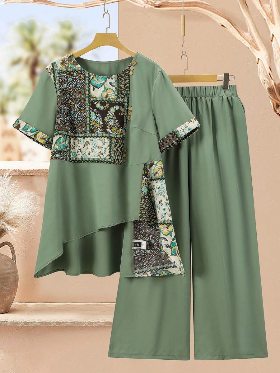 Lacomfia Plus Size Crew Neck Short Sleeve Solid Color Patchwork Stylish Elegant 2 Pieces Set (Top & Pants)