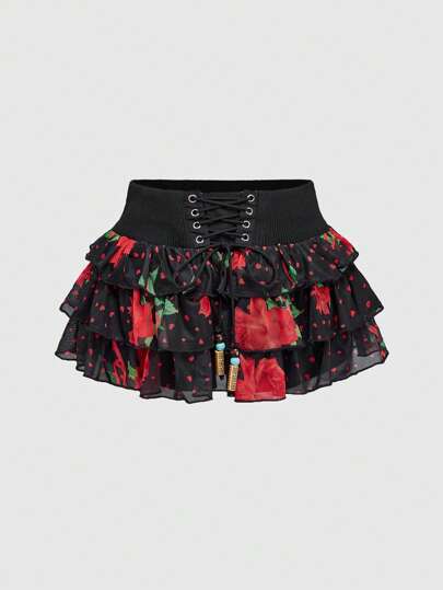 J-Fashion Plus Size Valentine's Day Heart & Polka Dot Rose Floral Print Mini Skirt