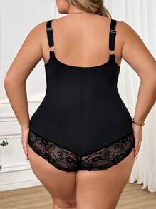 SHEIN CURVE+ Plus Size Lace Patchwork Wide Strap Casual Bodysuit - Black - View 2