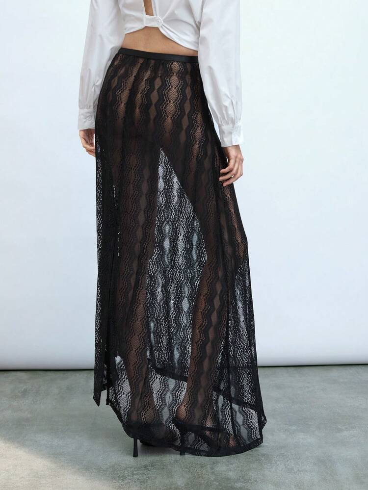 SHEIN Maija Black Lace Semi-Sheer Asymmetrical Flared Skirt, Fashionable Design, Elegant For Women, Suitable For Summer, Beach, Festivals