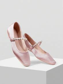 MOTF PREMIUM WOMEN ELEGANT FAUX PEARL BEADED SQUARE TOE FLATS SPRING SHOES SPRING BREAK EASTER - Baby Pink - View 4