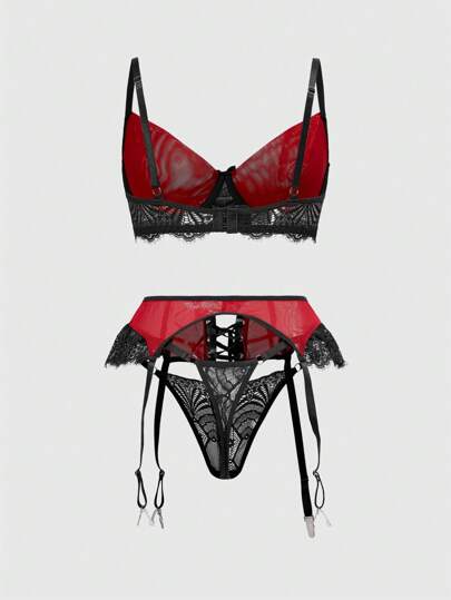Goth Set de lencería sexy de 3 piezas con sujetador con aros, liguero y pantaleta, de estilo gótico romántico para el Día de San Valentín
