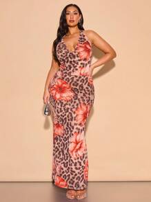 SHEIN BAE 加大码女式豹纹花卉网眼露背吊带优雅性感约会派对礼服，度假风格，女士生日礼服，毕业典礼 - 卡其色 - 查看 7