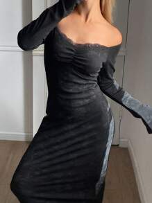 DAZY 全印花长袖露肩修身连衣裙，女士休闲假日秋季连衣裙，露肩上衣 - 黑色 - 查看 5