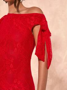 SHEIN BAE 女士优雅蕾丝不对称下摆迷你连衣裙适合音乐节狂欢穿着女性演唱会服装女士外出上衣波西米亚风格夏季服装 - 酒紅色 - 查看 5