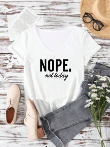 EMERY ROSE Plus Size Women Casual Minimalist Letter Print V-Neck Short Sleeve T-Shirt, Suitable For Summer Suitable For Going Out,Spring/Vacation - White - View 2