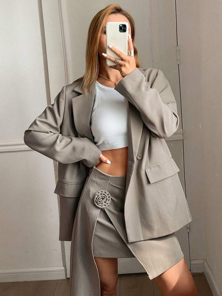 Spring And Summer Two-Piece Elegant Solid Color Loose Long-Sleeved Suit Jacket Skirt Slit Flower Ladies Suit,Fall Clothes Business Attire