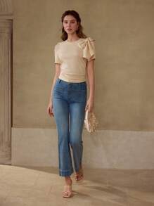 MOTF BOW & FAUX PEARL DETAIL GATHERED T-SHIRT