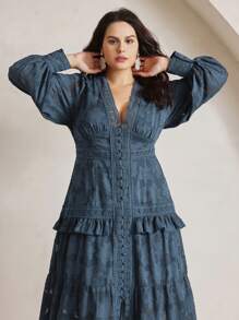 Anewsta 大码女式节日/度假优雅 V 领长袖镂空花卉拼布荷叶边下摆修腰连衣裙 - 藏蓝色 - 查看 5