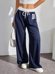 SHEIN PETITE Low-Rise Black And White Contrasting Letter Print Trousers - Navy Blue - View 7