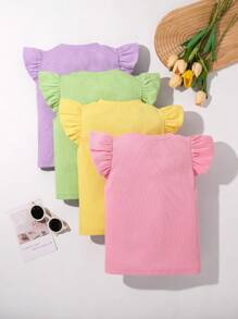 4pcs Set Young Girl Solid Color Round Neck Ruffle Trim Fitted T-Shirts - Multicolor - View 2
