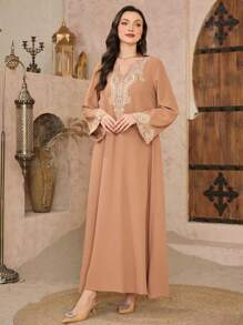 Al Najma Embroidered Long Sleeve Robe, Casual & Fashionable For Everyday Wear, Modest Kaftan - Brown - View 3