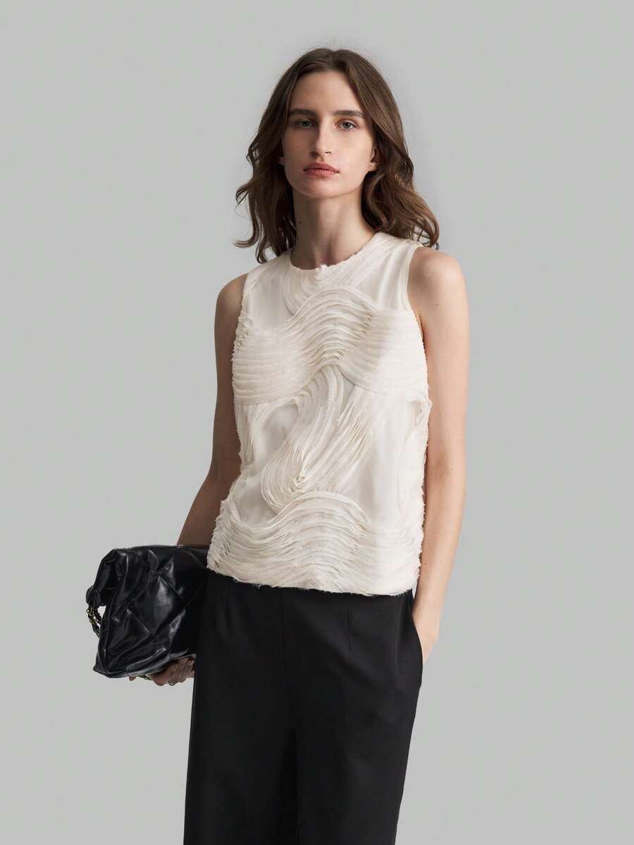 Ontre Blusa clásica de color caqui claro para las cuatro estaciones, blusa elegante con bordado de olas de color marfil para el Día de San Valentín