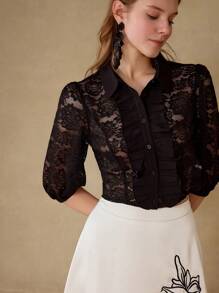 MOTF PREMIUM LACE BUTTON UP TOP - Black - View 1