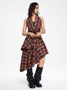 ROMWE Grunge Punk 节日和新年嬉皮朋克复古千禧 Y2K 格子混搭不对称下摆多层拼布宽松 A 字型连衣裙 - 彩色 - 查看 4
