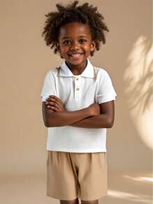 2 件套 男童 Polo 领纹理短袖衬衫和短裤两件套，撞色，春夏