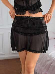 FairyFlirt Pantalón de pijama transparente de encaje delicado en estilo de princesa encantadora para mujer