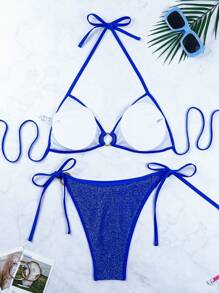 Swim EVENT Sexy Women's Bikini Set, Metal Ring Decor Knitted Metallic Fabric, Fashionable Halter Neck Tie Two Pieces Swimwear, Summer Casual Beach Wear - Royal Blue - View 7