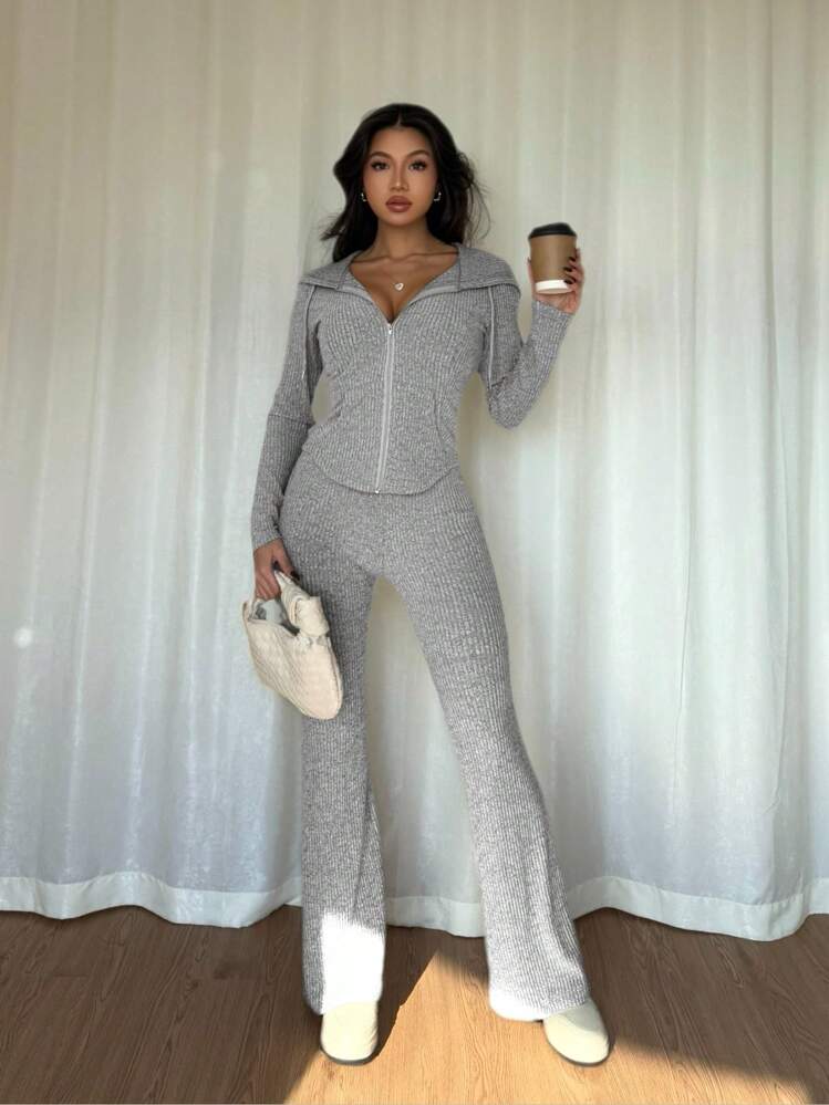 Rafferiza 2pcs Set Women Casual Hooded Sweatshirt With Pockets And Ribbed Knit Flared Pants Outfit, Suitable For Everyday Autumn/Winter Fall Cloth For Women - Grey - View 6