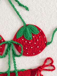 Swim Mod 女士夏季度假沙滩钩针草莓罩衫套装