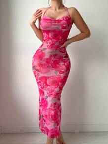 SHEIN 2 Pieces Set: Sexy Mesh Print Ruched Neck Spaghetti Strap Bodycon Maxi Dress For Going Out - Hot Pink - View 4