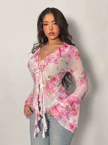 Firerie 女式花卉 V 领荷叶边长袖透明衬衫上衣，适合情人节、音乐会、表演、约会、派对、婚礼、性感、优雅、通勤、返校、度假、海滩、浪漫 - 彩色 - 查看 3