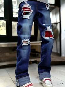 SHEIN Tween Boys Fashion Casual Red Denim Cut Out Ripped Frayed And Plaid Ripped Patchwork Stretch Skinny Jeans For Boys Soft Dailywear And The Four Seasonsr Kids Clothes