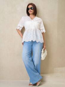 SHEIN Clasi Plus Size Women's Holiday Floral Embroidered Lace Cuffs And Collar V-Neck Short Sleeve Romantic Shirt,Concert Women,Funny Shirts,Raves,Country Concert,Beach,Bohemian,Boho Women Clothing,Vacations Woman,Embroidered Top