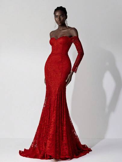 Elitara فستان زفاف أنيق وفاخر للنساء بتصميم الكتف المكشوف وأكمام طويلة مزين بالدانتيل الأزهار والتطريز، بتصميم ذيل السمكة وفتحة مثلثية في الظهر، مناسب لحفلات الزفاف وعيد الحب