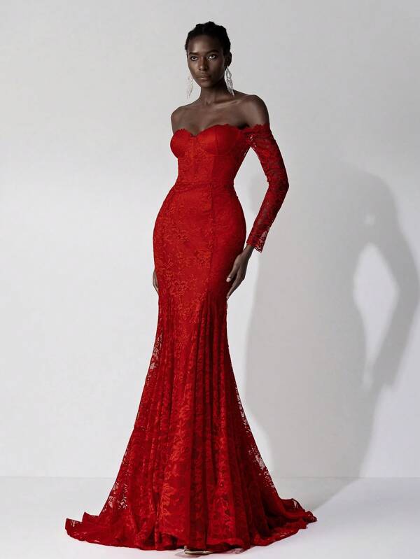 Elitara Abito da sposa elegante e romantico in pizzo di lusso, con spalle scoperte, maniche lunghe, inserti floreali in pizzo, taglio sirena con spacco, schiena aperta e scollatura, per cerimonie di nozze, abito da sposa, sposa