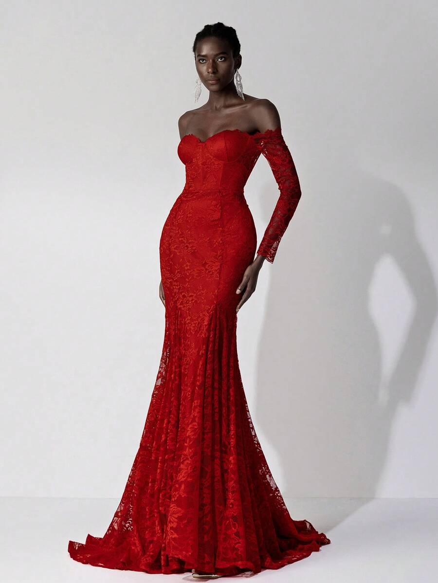 Elitara 女士优雅浪漫奢华全蕾丝露肩长袖花卉蕾丝拼接装饰鱼尾拼接三角开衩露背露肩无背长款婚纱，适合婚礼、婚纱礼服、新娘、情人节等场合。