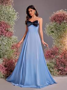 Glamrae Elegant, Romantic, Fashionable And Simple, Spring And Summer Blue Satin Bow Decor A-Line Dress, Graduation Dress, Wedding, Festival, Dance, Vacation, Formal Evening Dress, Wedding Guest Dress, Party Dress,Graduation,Teacher Outfits For Women,Teacher Dress