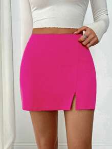 Muchica Summer SkirtLadies' Side Split Hem Skirt - Hot Pink - View 3