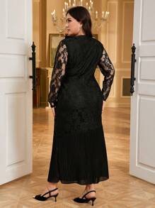 Modelyn Vestido de talla grande elegante para fiesta de unicolor con parches de encaje y plisados - Negro - Ver 3