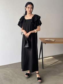 Women's Long Black Dress, Formal Guest Dress For Wedding, Vacation Attire For Women,Ruffle - Black - View 6