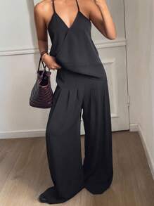 Livesso 2pcs Women Solid Color Sleeveless Spaghetti Strap Top And Wide Leg Pants Set, Summer Casual Outfit