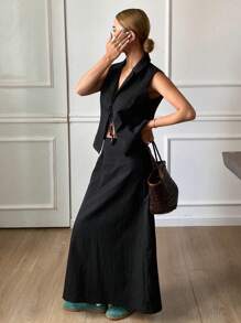 DAZY Old Coins Design Women Casual Suit: Sleeveless Tie-Up Jacket And A-Line Skirt, Spring/Summer Business Attire - Black - View 5