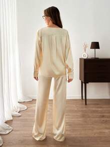 EURMUSE Woven Satin Bow Front Detailed Satin Blouse And Satin Pant Two Pieces Set - Beige - View 4