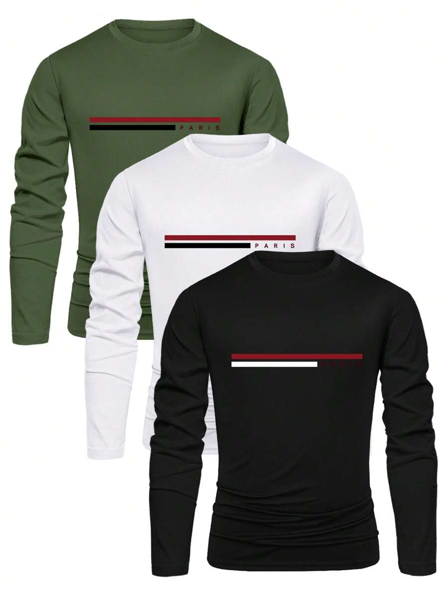 Manfinity Dauomo 男士休闲条纹字母印花长袖T恤，秋季，秋装