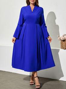 Plus Size Women V-Neck Long Sleeve Pleated Hem Elegant Solid Color Dress