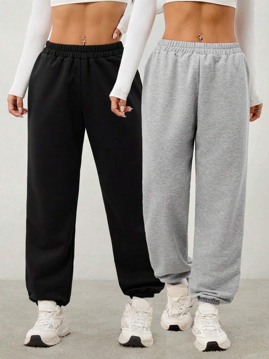 SHEIN PETITE Women Elastic Waist Straight Leg Casual Pants, For Everyday Wear - Multicolor - View 1