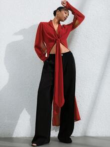 Aveloria Modichic Elegant Luxury Design Retro Rust Red Lady Shirt V-Neck Ruffle Hem Long Fishtail Waist Ruched Chiffon Semi-Sheer Blouse - Red - View 6