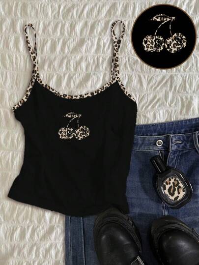 Attitoon 复古性感豹纹与樱桃图案吊带背心，女式豹纹紧身细肩带上衣