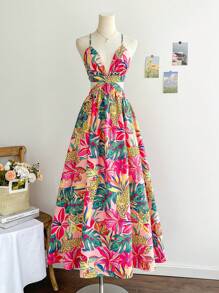 Soleia Váy Maxi hở lưng họa tiết lá cọ hoa nhiệt đới dành cho nữ, phong cách nghỉ dưỡng - Nhiều màu - Xem 5