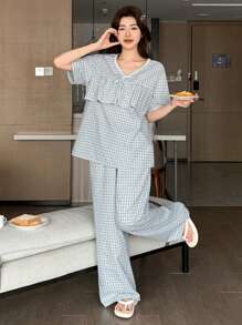 DAZY Damen karierter Rüschen-Saum luftiger Kurzarm Pyjama Set - Grün - Übersicht 4