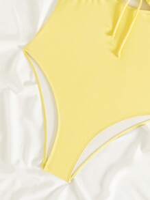 Swim Mod Springbreak 女士夏季海滩度假浅黄色吊带镂空蝴蝶结可爱连体泳衣 - 黃色 - 查看 4